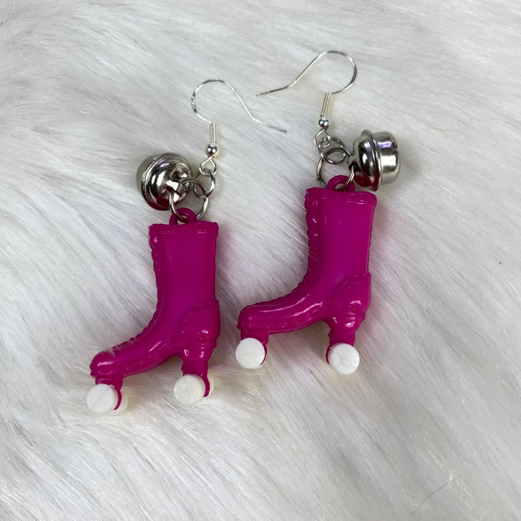 Vintage 80s Plastic Bell Charm Pink Roller Skate Earrings 15$